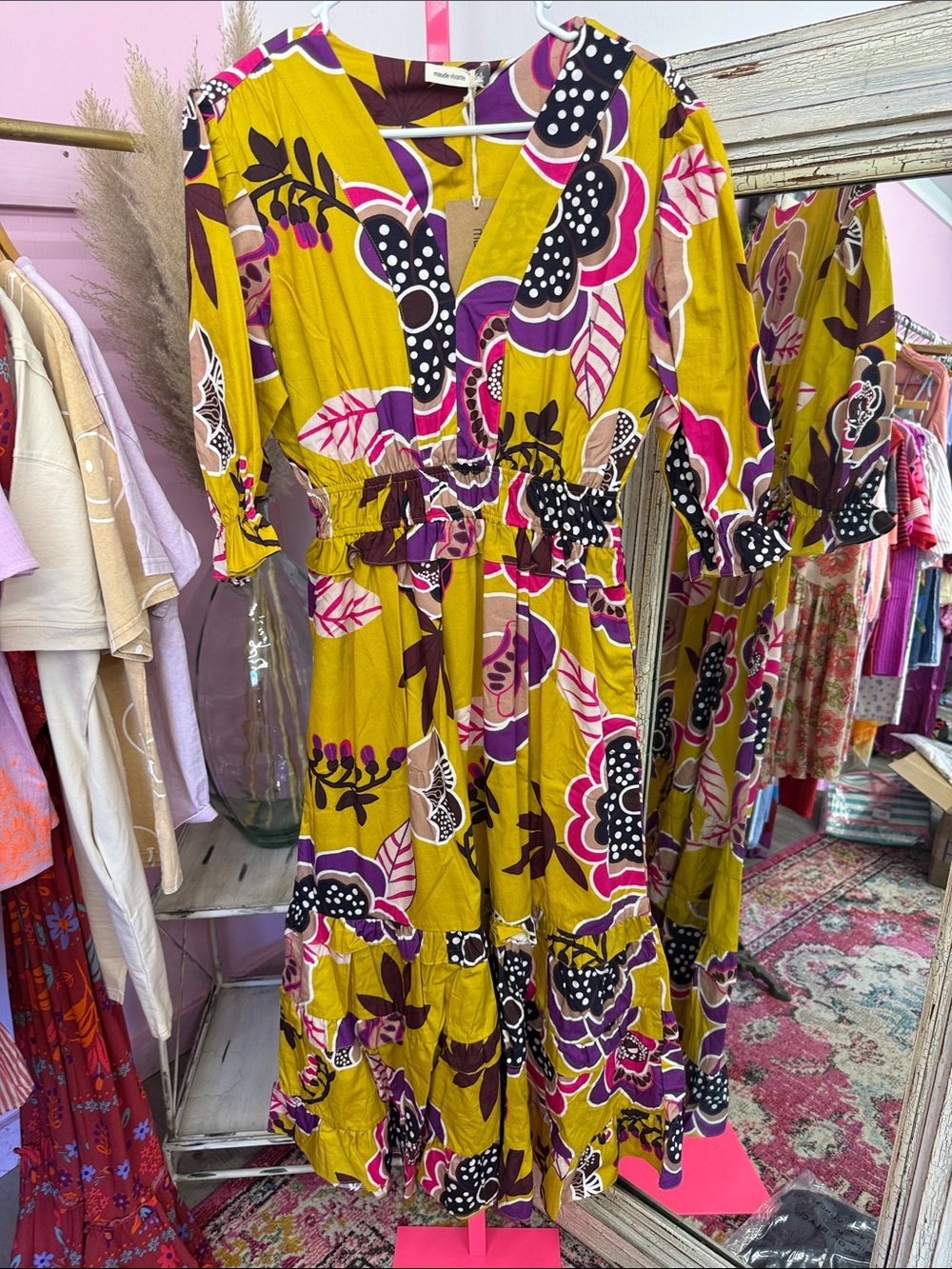 Maude Vivante- Women's Mustard Floral Tiered Midi Dress - Pink & Black Accents
